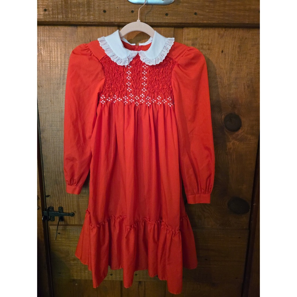 Vintage POLLY FLINDERS Red Hand Smocked Dress Girls 10 Peter Pan Collar